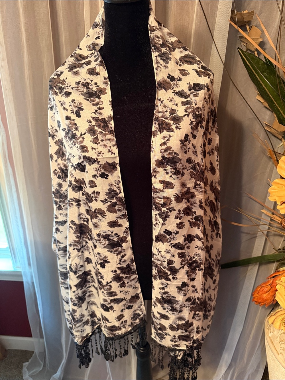 Floral Open Front Shawl Scarf in Cream and Black. Material is Chiffon.